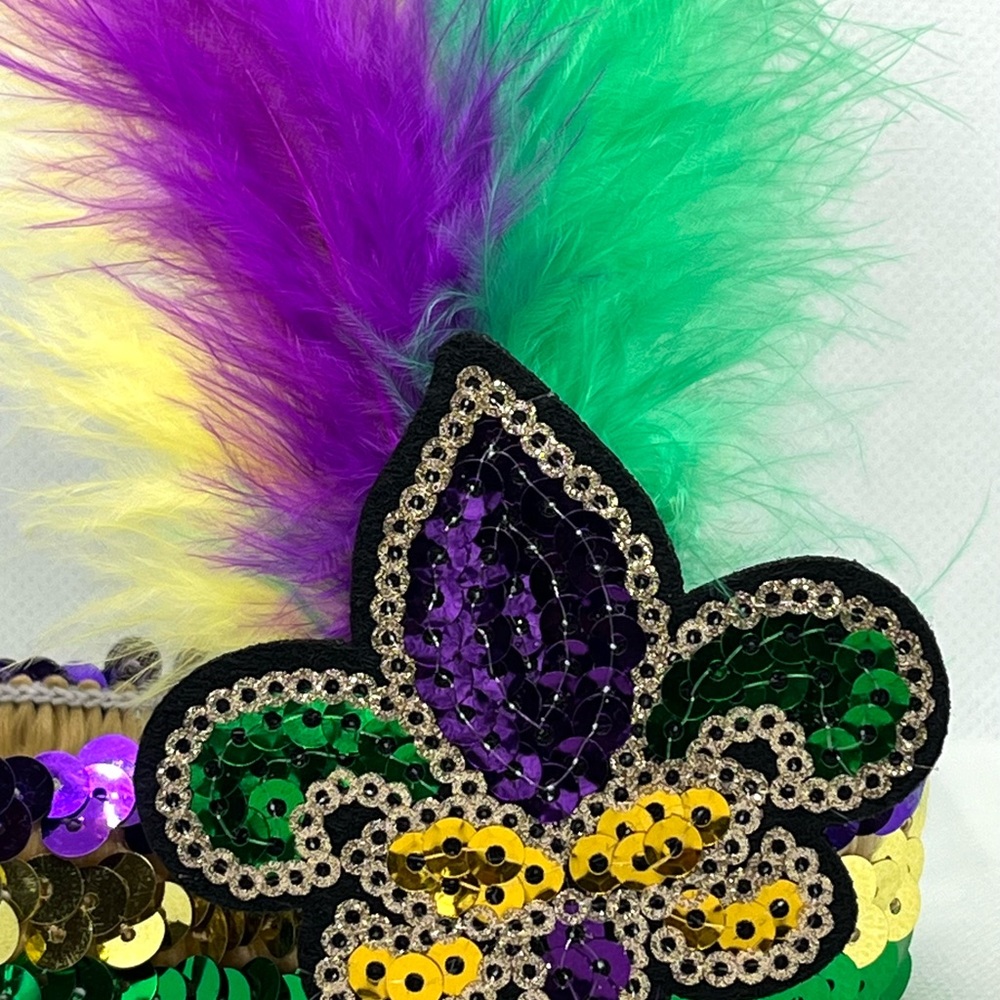 Festive Mardi Gras Sequin Headpiece with Feathers - Picture 2 of 2